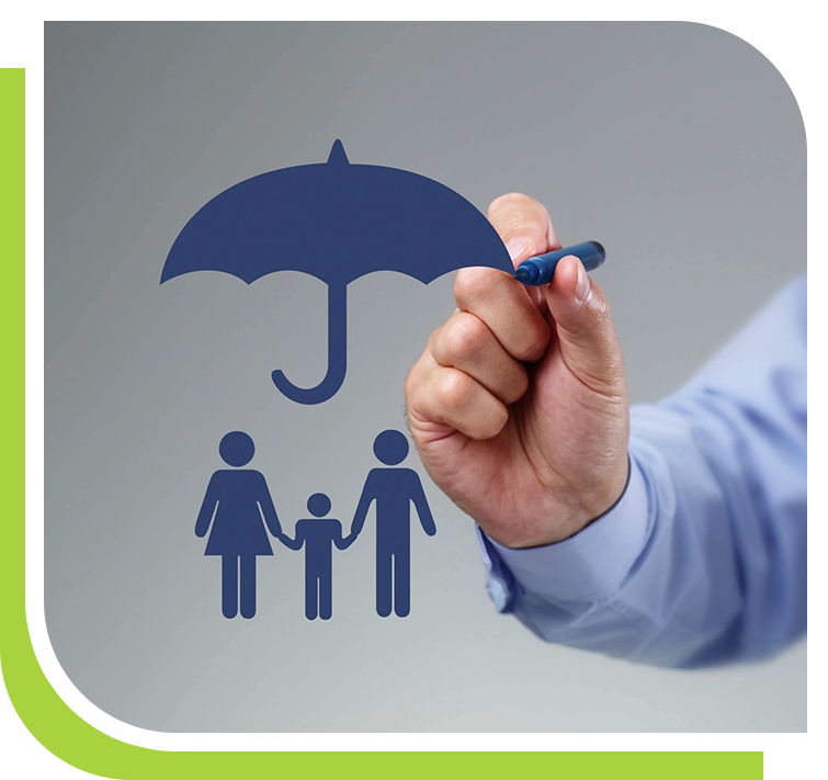 A person drawing an umbrella over their family.