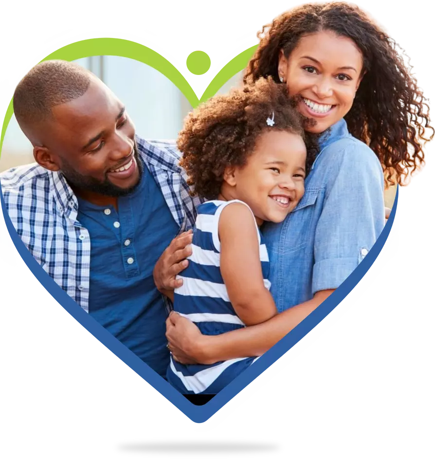 A family is smiling in the shape of a heart.